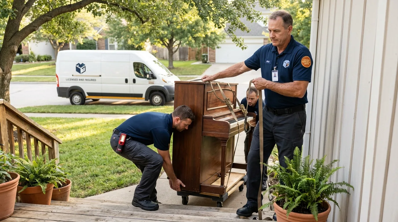 Licensed piano movers securing grand piano in Elberta, AL