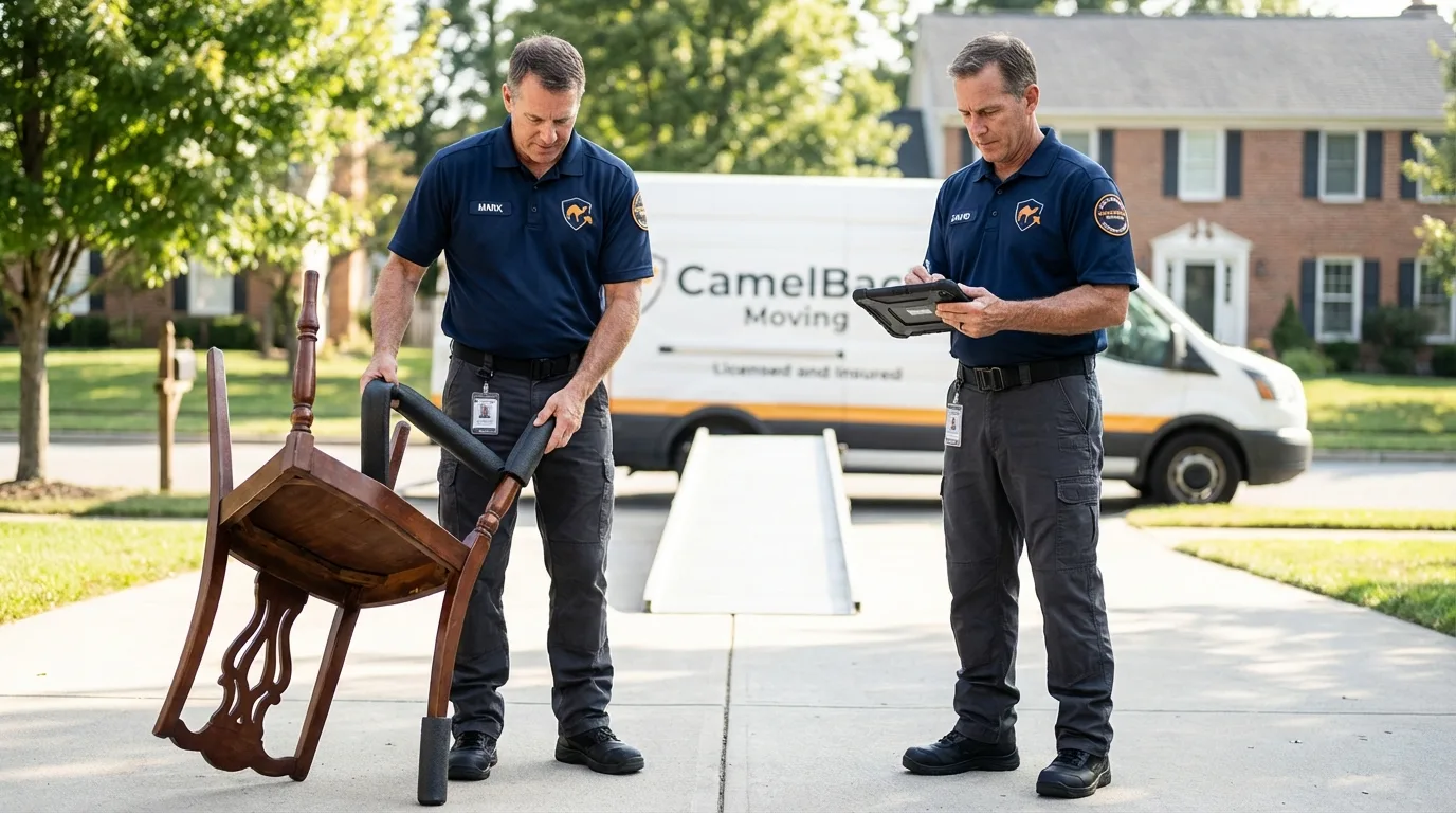 Movers inspecting furniture for damage prevention before loading in Elberta, AL