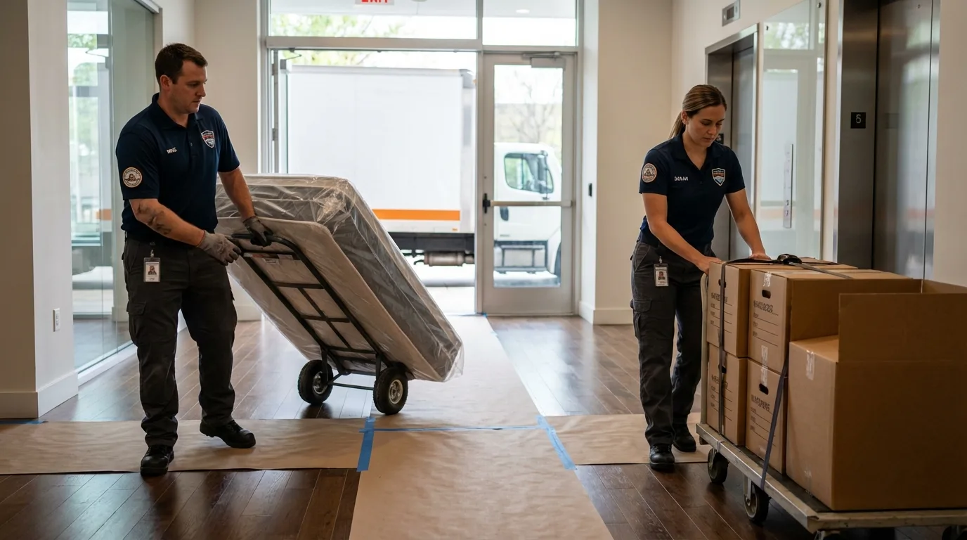 Professional apartment movers loading elevator in Elberta, AL